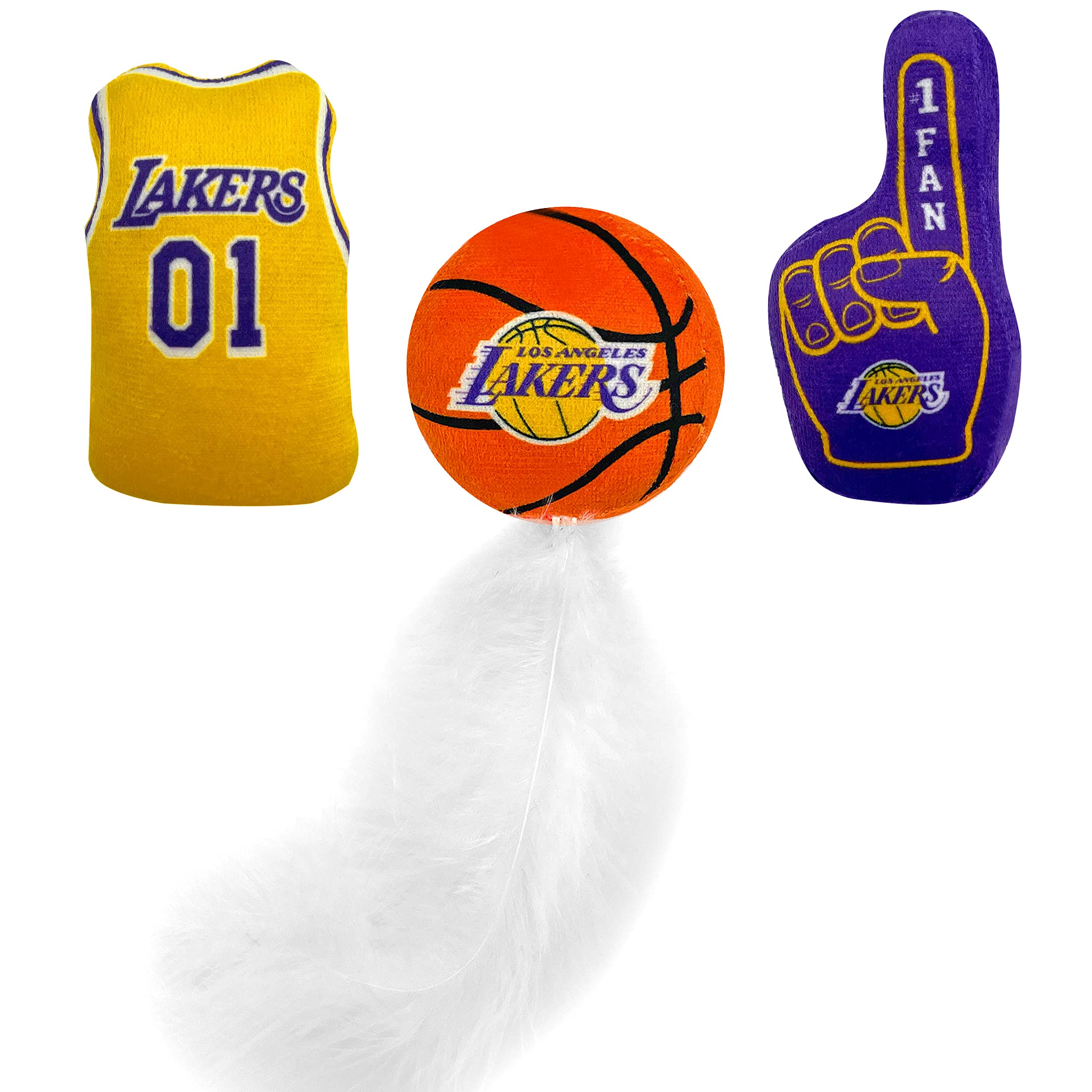 Best Plush Cat Toy - Nba La Lakers Complete Set Of 3 Piece Cat Toys Filled With Fresh Catnip. Includes: 1 Jersey Cat Toy, 1 Basketball Cat Toy With Feathers & 1 #1 Fan Cat Toy. Beautiful Team Logos